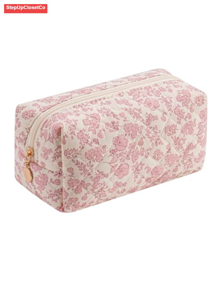 Quilted Cotton Square Makeup Bag With Metal Zipper, Cute Floral Design For